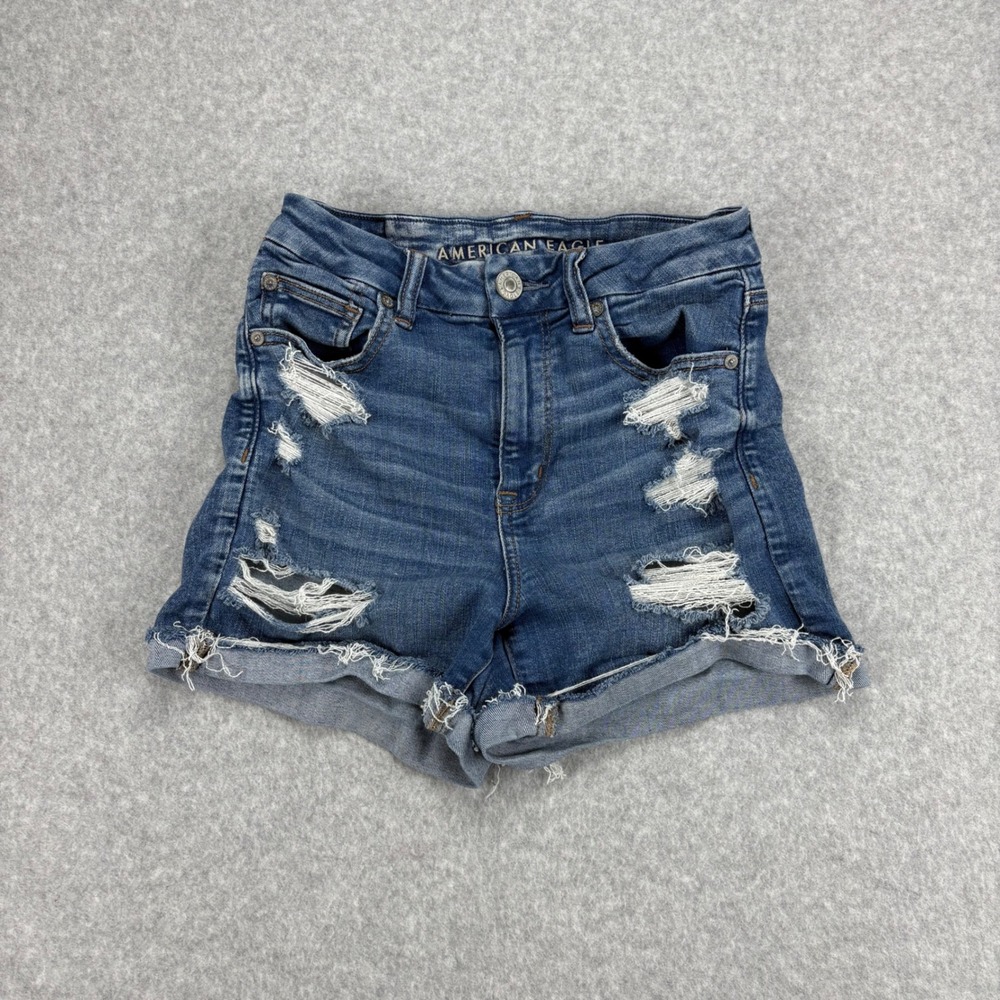 American Eagle Jean Shorts Womens 4 Blue Distressed Curvy Stretch High Rise Boho